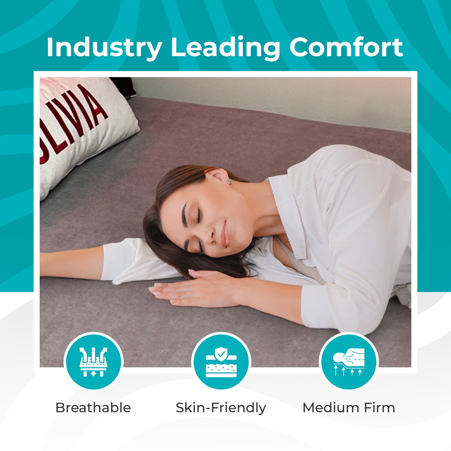 A woman lying on mattress topper – Expand a Bed cooling gel memory foam twin XL for pressure relief and cool rest.