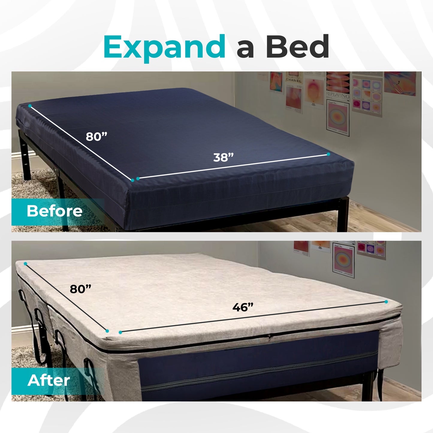 Before and after of bed expansion system with measurements, showcasing best mattress topper for college dorm twin XL